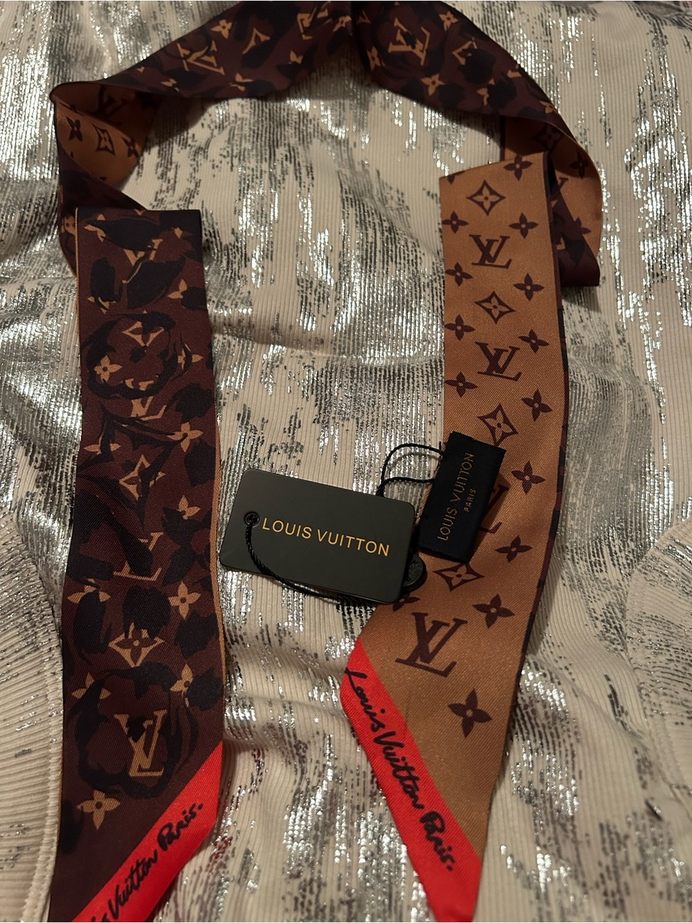 Louis Vuitton Brown, Dark Brown & Red Monogram 100% Silk Twilly Scarf Gorgeous